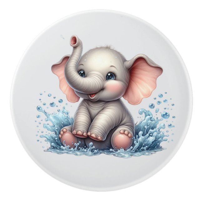 Bouton De Porte En Céramique Nursery éléphant bébé mignon  (Devant)