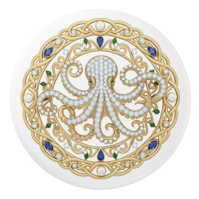 Bouton De Porte En Céramique Océan de cristal doré Octopus Graphisme 2D gemme (Devant)