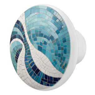 Bouton De Porte En Céramique Océan Vagues Mer Abstraite Bleu Nautique Faux Mosa