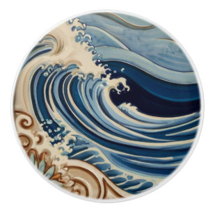 Bouton De Porte En Céramique Ocean Waves Blue and White Sea by Moonlight
