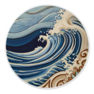Bouton De Porte En Céramique Ocean Waves Blue and White Sea by Moonlight