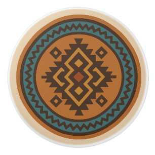Bouton De Porte En Céramique Ochre Turquoise Zigzag Diamond Zapotec Ceramic Kno
