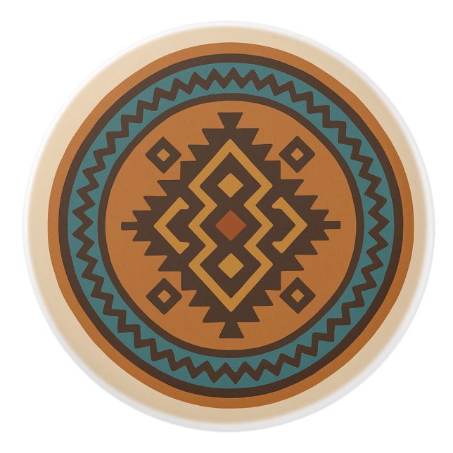 Bouton De Porte En Céramique Ochre Turquoise Zigzag Diamond Zapotec Ceramic Kno (Devant)