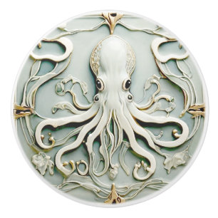 Bouton De Porte En Céramique Octopus Art Nouveau Faux Relief Mint antique