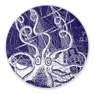Bouton De Porte En Céramique Octopus géant Kraken Attaque marine bleu