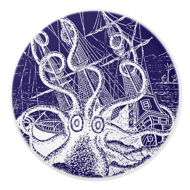 Bouton De Porte En Céramique Octopus géant Kraken Attaque marine bleu (Devant)