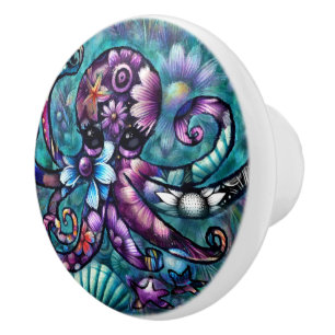 Bouton De Porte En Céramique Octopus lunaire Floral Turquoise Purple Bleu Côte