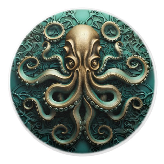 Bouton De Porte En Céramique Octopus Turquoise et cuivre Vie aquatique (Devant)