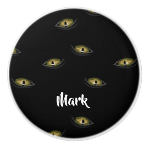 Bouton De Porte En Céramique Oeil chat de nom personnalisé en noir