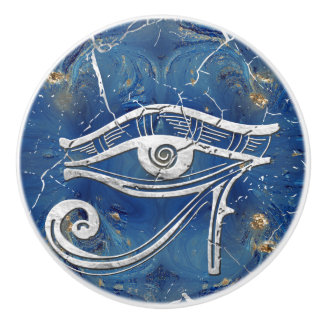 Bouton De Porte En Céramique Oeil égyptien argenté de Horus sur le marbre bleu