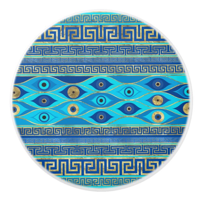 Bouton De Porte En Céramique Oeil malin grec et ornement de la clé grecque (Devant)