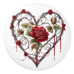 Bouton De Porte En Céramique Œuvre d'art gothique rose rouge cœur vigne élégant