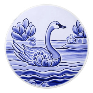 Bouton De Porte En Céramique Oie de cygne bleue et blanche Art folklorique médi