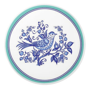 Bouton De Porte En Céramique "Oiseau bleu cobalt" avec bordure