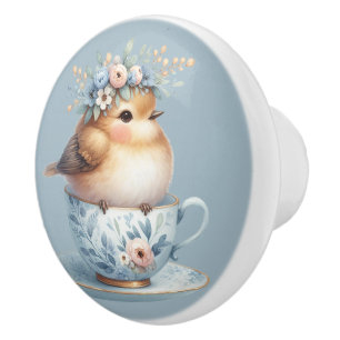 Bouton De Porte En Céramique Oiseau bleu mignon avec couronne florale en Teacup