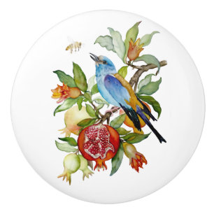 Bouton De Porte En Céramique Oiseau bleu parmi les grenades Botanique à l'aquar