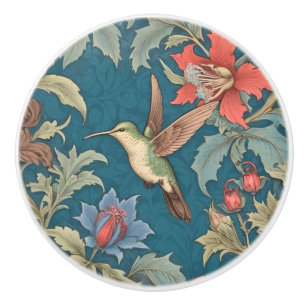 Bouton De Porte En Céramique Oiseau de colibri vert style William Morris gauche