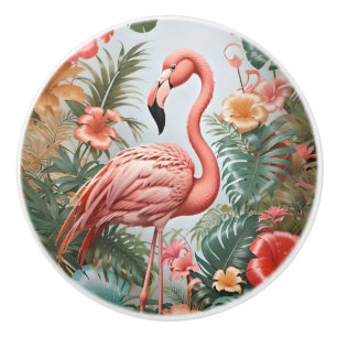 Bouton De Porte En Céramique Oiseau de Flamant rose rose élégant et fleurs trop