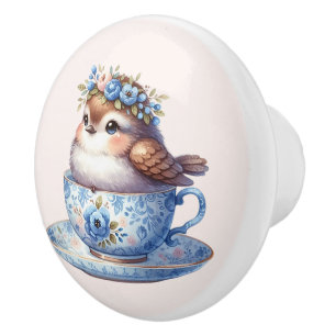 Bouton De Porte En Céramique Oiseau mignon en Floral Teacup Cottagecore Art