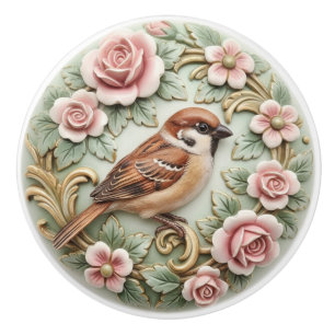 Bouton De Porte En Céramique Oiseau moineau vintage roses roses florales roses