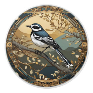 Bouton De Porte En Céramique Oiseau noir et blanc Art Nouveau