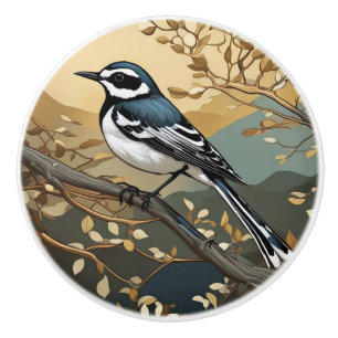 Bouton De Porte En Céramique Oiseau noir et blanc Art Nouveau