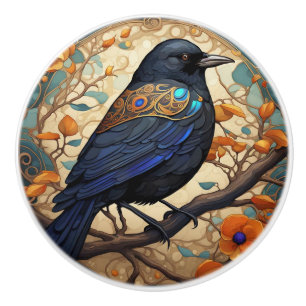 Bouton De Porte En Céramique Oiseau noir fantaisie dans un style Art Nouveau Ar