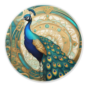 Bouton De Porte En Céramique Oiseau Peacock turquoise d'or Art Nouveau Art Déco