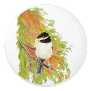 Bouton De Porte En Céramique Oiseau vert orange de Chickadee d'automne