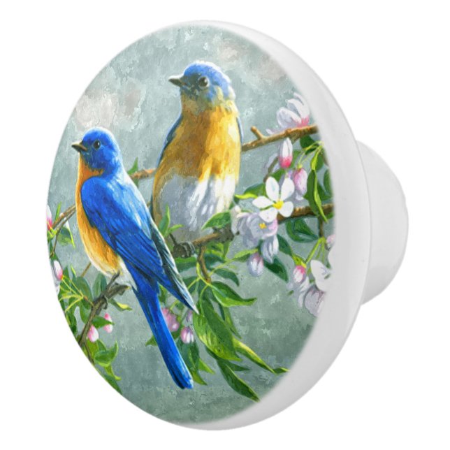 Bouton De Porte En Céramique Oiseaux bleus jaunes Cerisier Fleur Arbre Peinture (Droite)