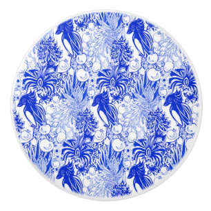Bouton De Porte En Céramique Oiseaux bleus méditerranéens et grenades 