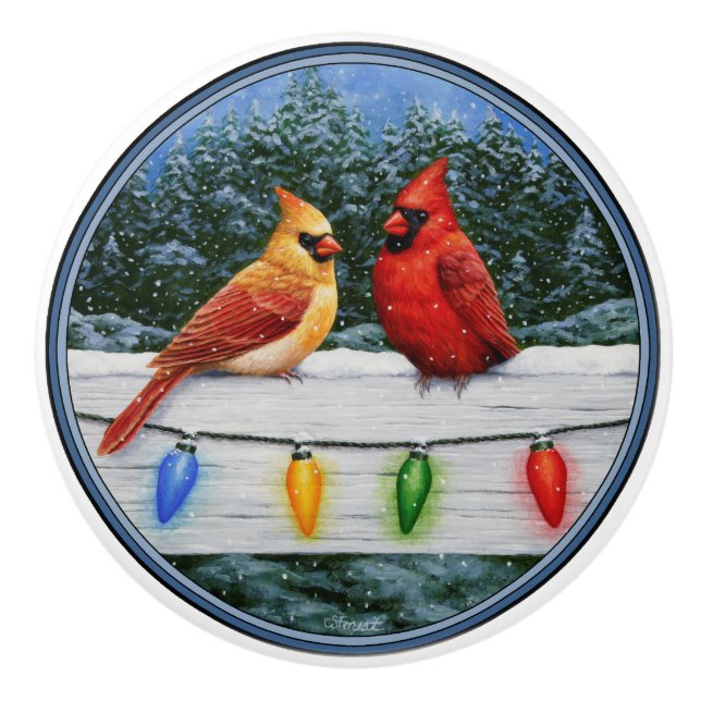 Bouton De Porte En Céramique Oiseaux cardinaux et lumières de Noël (Devant)
