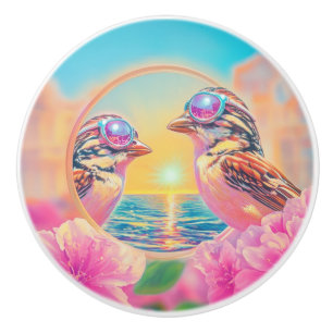 Bouton De Porte En Céramique Oiseaux cool avec lunettes de soleil au coucher du