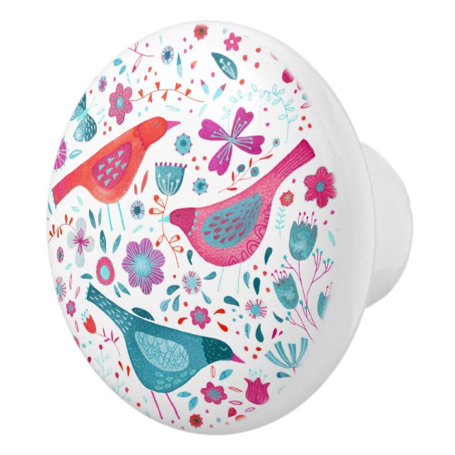Bouton De Porte En Céramique Oiseaux dans un jardin Boho Aquarelle moderne (Droite)