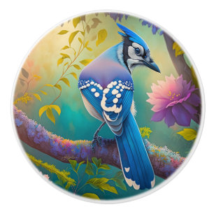 Bouton De Porte En Céramique Oiseaux d'Imaginaire Jay bleu