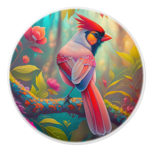 Bouton De Porte En Céramique Oiseaux Fantastiques Cardinal Mâle