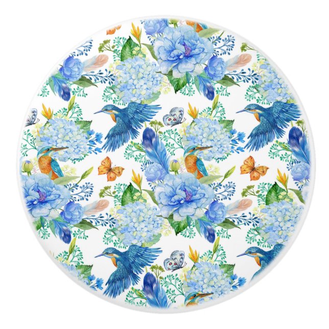 Bouton De Porte En Céramique Oiseaux Humides Et Hydrangée Bleue (Devant)