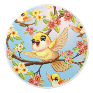 Bouton De Porte En Céramique Oiseaux mignons et heureux parmi les fleurs du pri