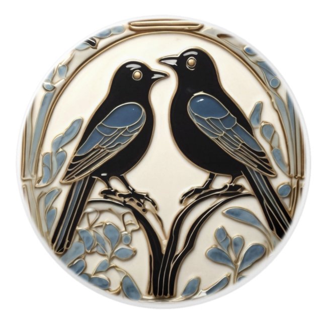 Bouton De Porte En Céramique Oiseaux noirs Art Nouveau Oiseau Art Déco Oiseaux  (Devant)