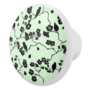 Bouton De Porte En Céramique Oiseaux sur fleurs de cerisier noires sur vert men