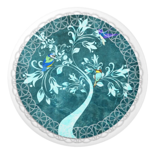 Bouton De Porte En Céramique Oiseaux sur une branche Blue Country Ceramic Pull (Devant)