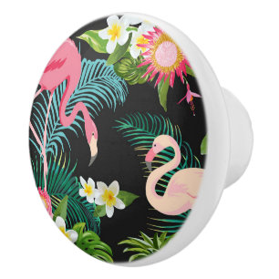 Bouton De Porte En Céramique Oiseaux Tropicaux Fleurs Flamant Paysage Aquatique