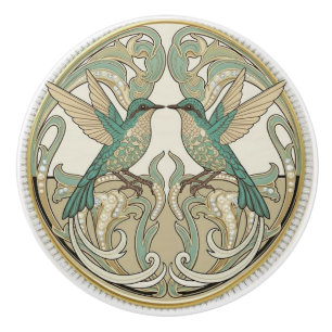 Bouton De Porte En Céramique Oiseaux Turquoise Vert Sage Or Art Déco Nouveau