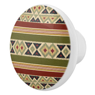 Bouton De Porte En Céramique Olive Green Mustard Ochre Yellow Tribal Ikat Art