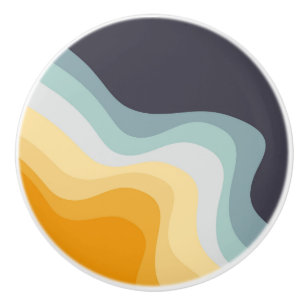 Bouton De Porte En Céramique Ondes de style rétro bleu et jaune