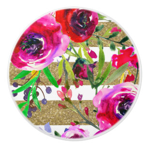 Bouton De Porte En Céramique Or Blanc Rayures Gras Glam Floral Aquarelle