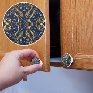 Bouton De Porte En Céramique Or fantaisie sur bleu
