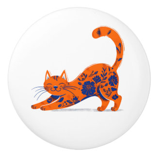 Bouton De Porte En Céramique Orange and Blue Floral Cat Door Pull