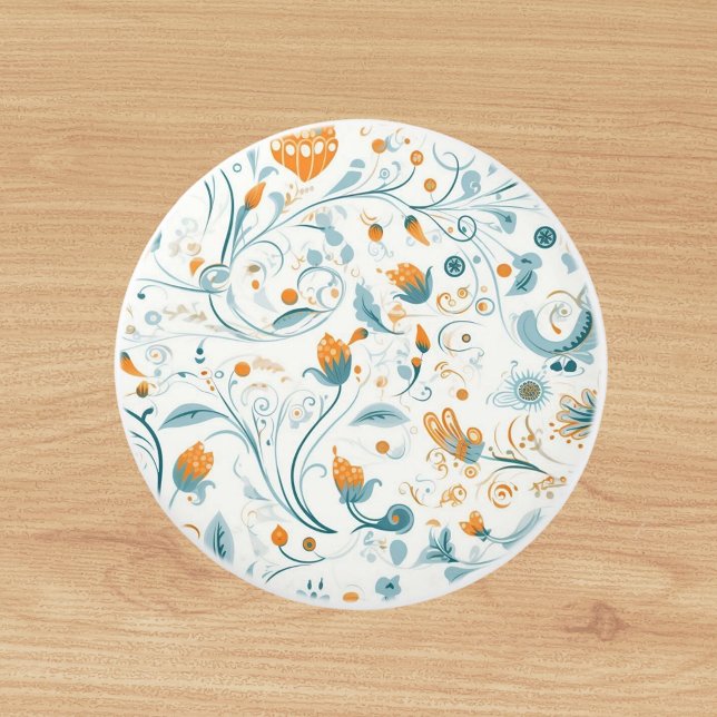 Bouton De Porte En Céramique Orange bleu rétro motif floral (Créateur téléchargé)