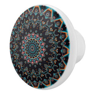 Bouton De Porte En Céramique Orange bleu Turquoise noir Mandala